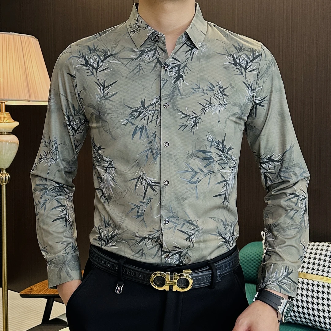 （珍珍男装）2025春秋新款经典轻奢男士国风式竹叶新中式长袖衬衫