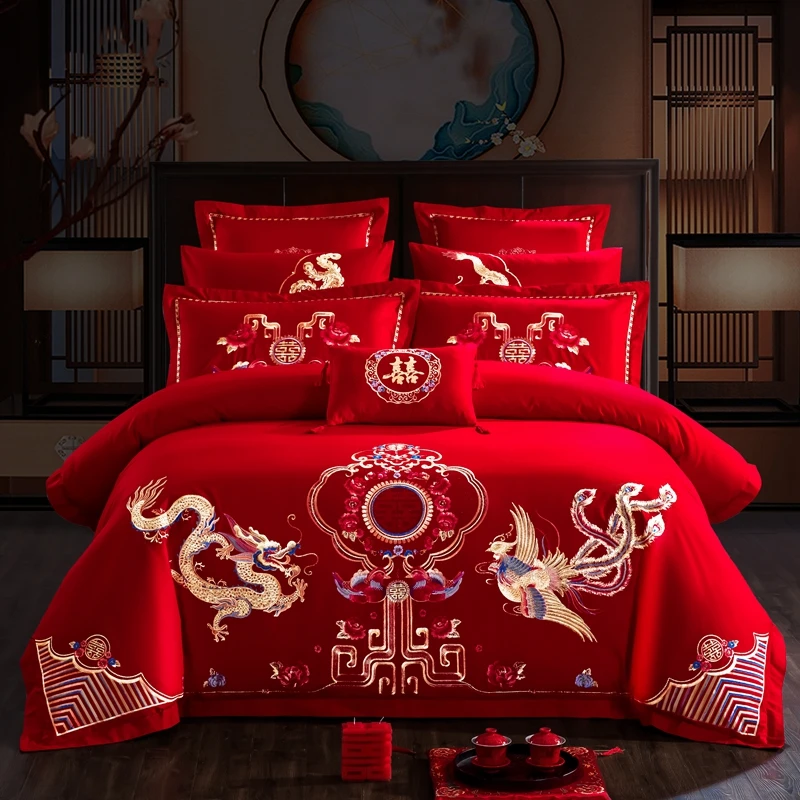 【鸳鸯龙凤】全棉纯棉婚庆四件套大红色刺绣花结婚陪嫁床上用品喜庆