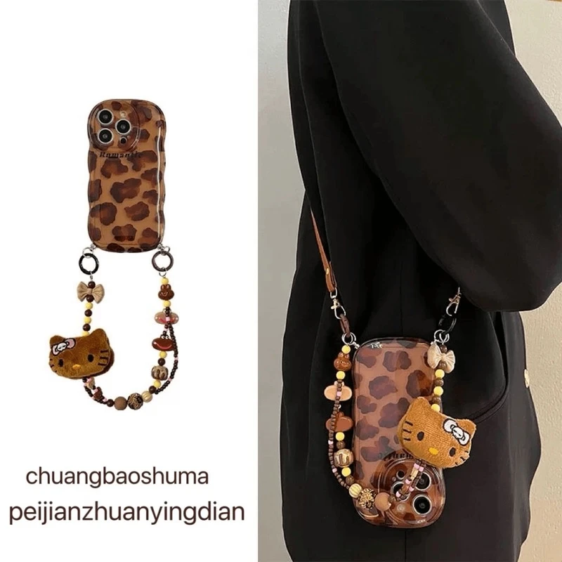 高级感棕豹纹猫咪手提链苹果16promax手机壳iPhone15新款14斜挎13