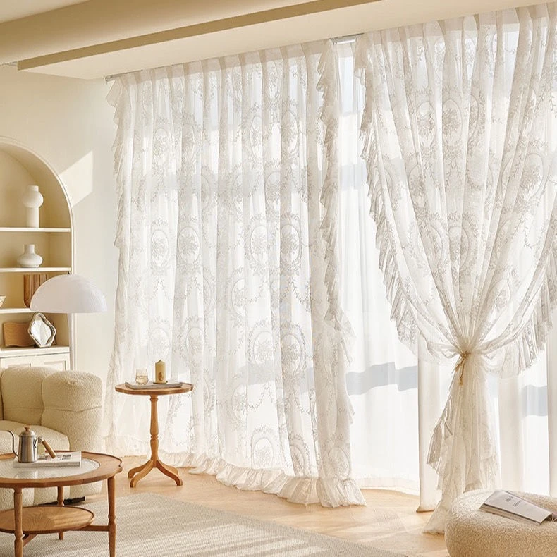 法式窗帘大气蕾丝遮光高级感不透人阳台客厅飘窗纱帘飘窗窗帘直播