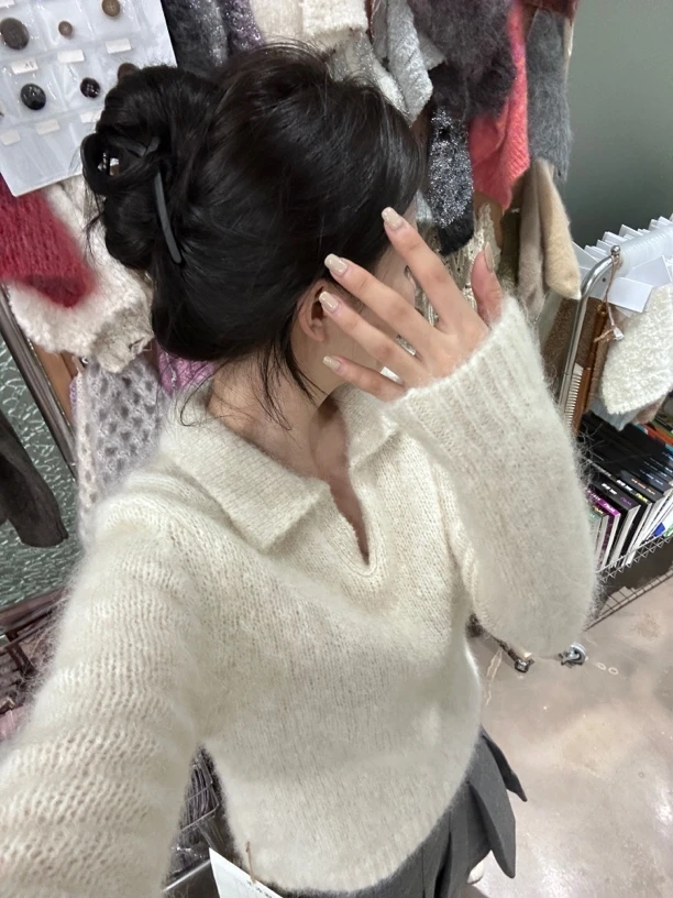 『桃子家046』米白polo半开领宽松套头毛衣休闲百搭慵懒风保暖上衣