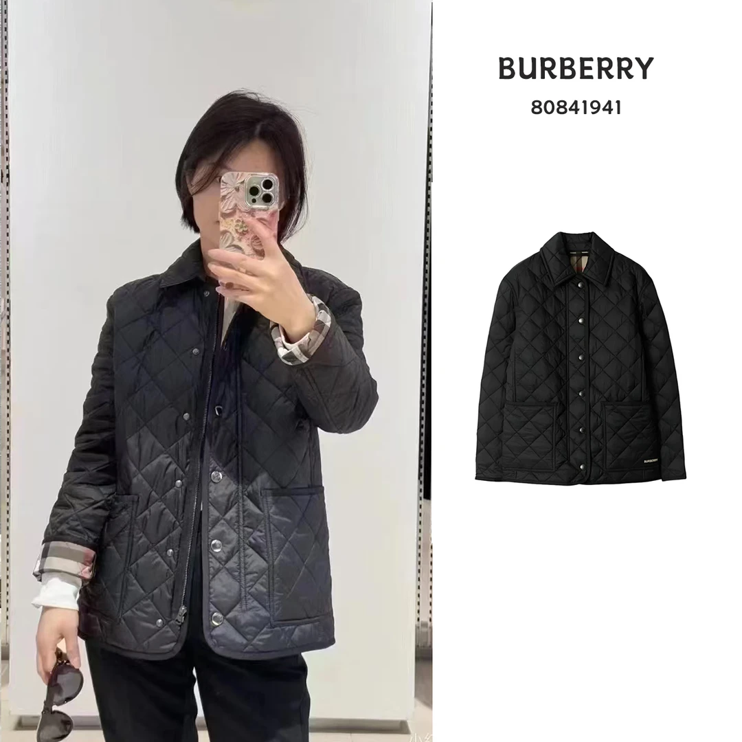 全新未使用 BURBERRY/博柏利 菱格翻领单排扣格纹黑棉服80841941