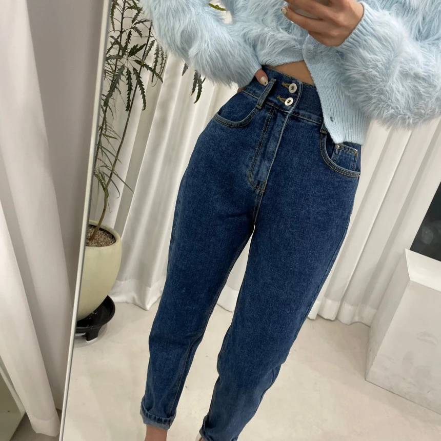 现货高腰复古水洗明线净版2粒扣牛仔裤