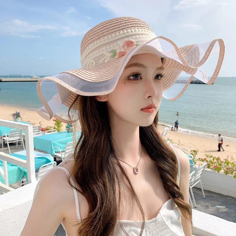 韩版夏天新款帽子女飘带透气草帽旅游出行防晒遮阳帽百搭太阳帽潮