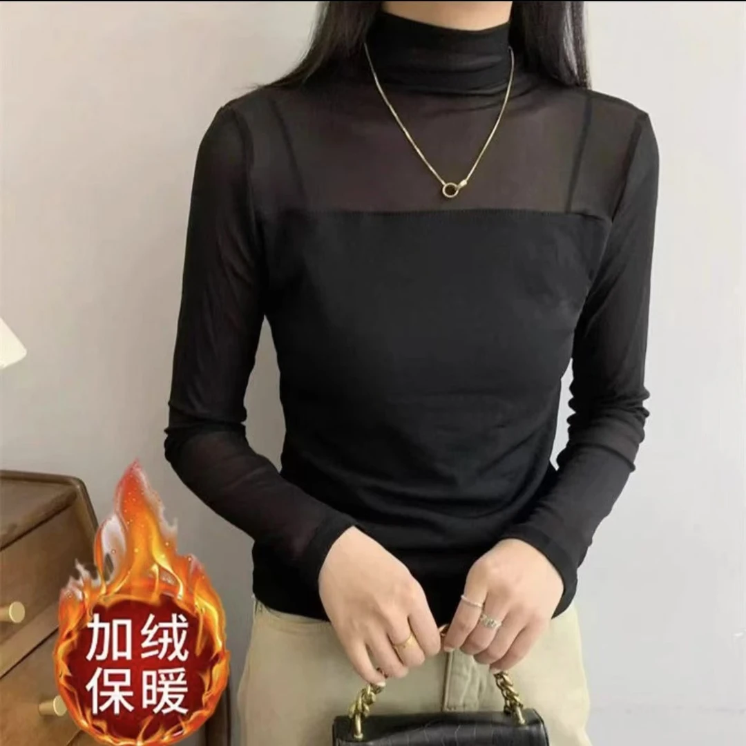 【直播专享】加绒保暖冬季新款半高领网纱气质打底百搭T恤上衣女