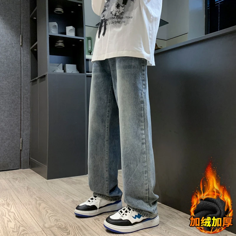 秋冬加绒潮流直筒牛仔裤男士宽松美式高街休闲阔腿长裤男牛仔裤子