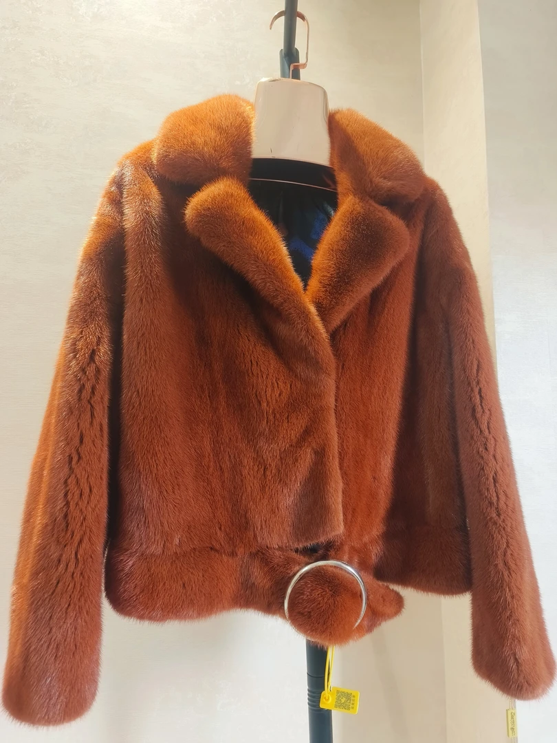 时尚焦糖色机车款天鹅绒貂皮大衣女士皮草外套