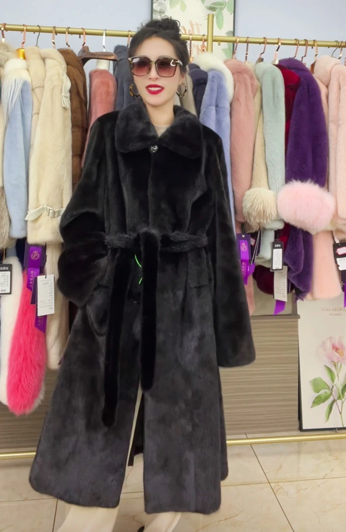 大长款进口天鹅绒貂皮大衣黑色有腰带女士皮草外套