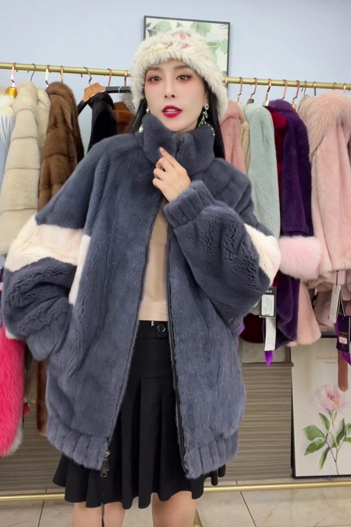 2024新款进口天鹅绒貂皮大衣蝙蝠袖中长款棒球服休闲皮草外套