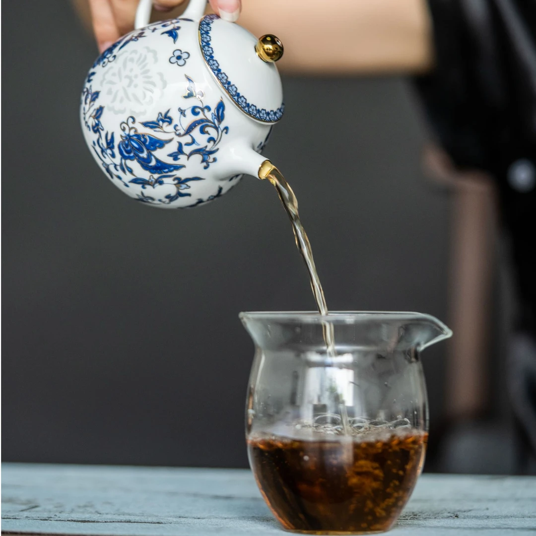 景德镇茶壶茶杯中式青花玲珑瓷器一壶四杯四碟相伴茶具家用描金