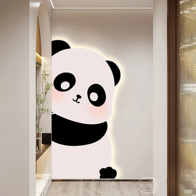 奶油风玄关装饰画温馨感创意熊猫壁画新款高档入户走廊过道挂画