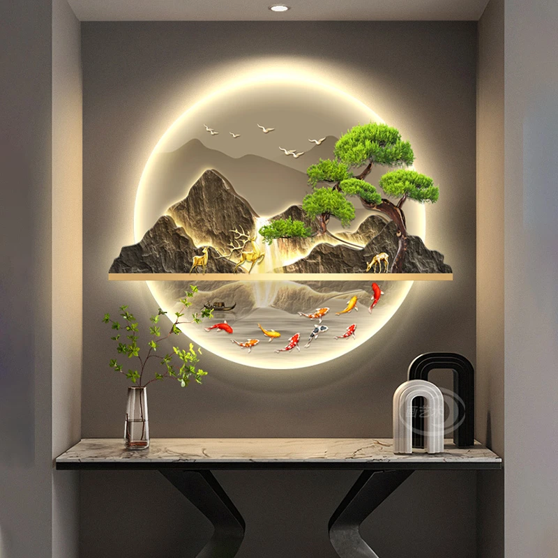 新中式玄关装饰画山水画走廊圆形挂画迎客松客厅入户背景墙壁画