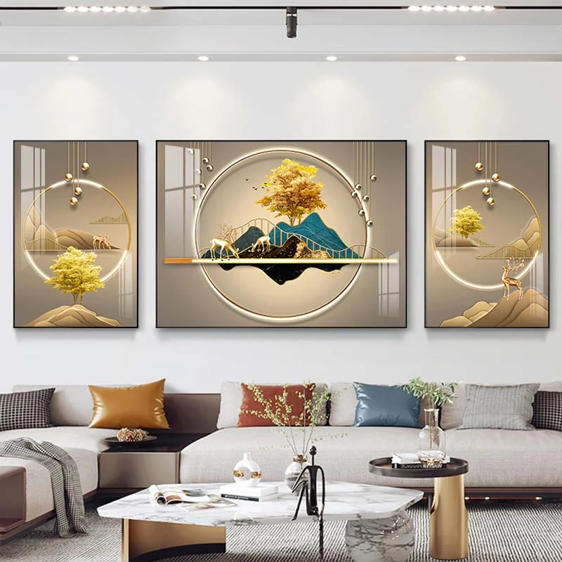 《福禄金山》客厅装饰画现代简约沙发背景墙挂画大气新款三联画