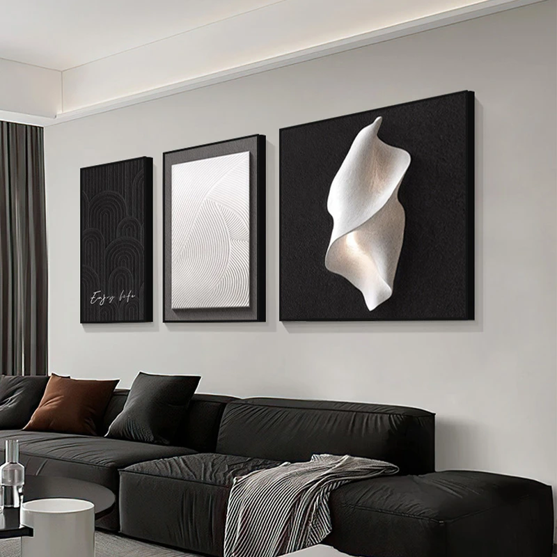 黑白灰客厅装饰画高级感大气沙发背景墙挂画现代简约抽象三联壁画