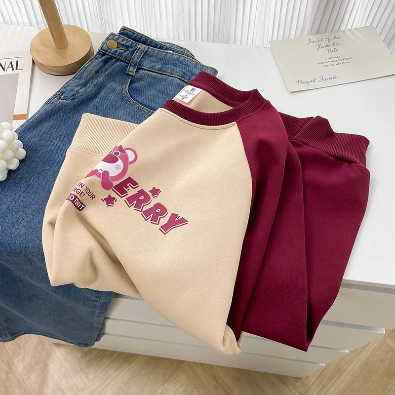 韩版新款插肩卡通印花长袖卫衣女宽松大码小众女装撞色百搭上衣服