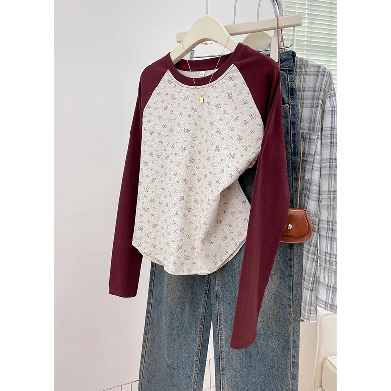 2024秋季爆款插肩长袖T恤小碎花减龄女装上衣服宽松百搭打底衫潮