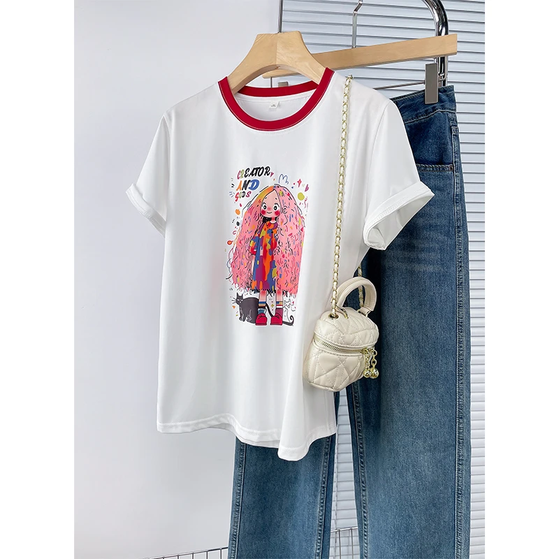 2025新款撞色圆领短袖T恤衫宽松大码休闲上衣服卡通印花简约女装