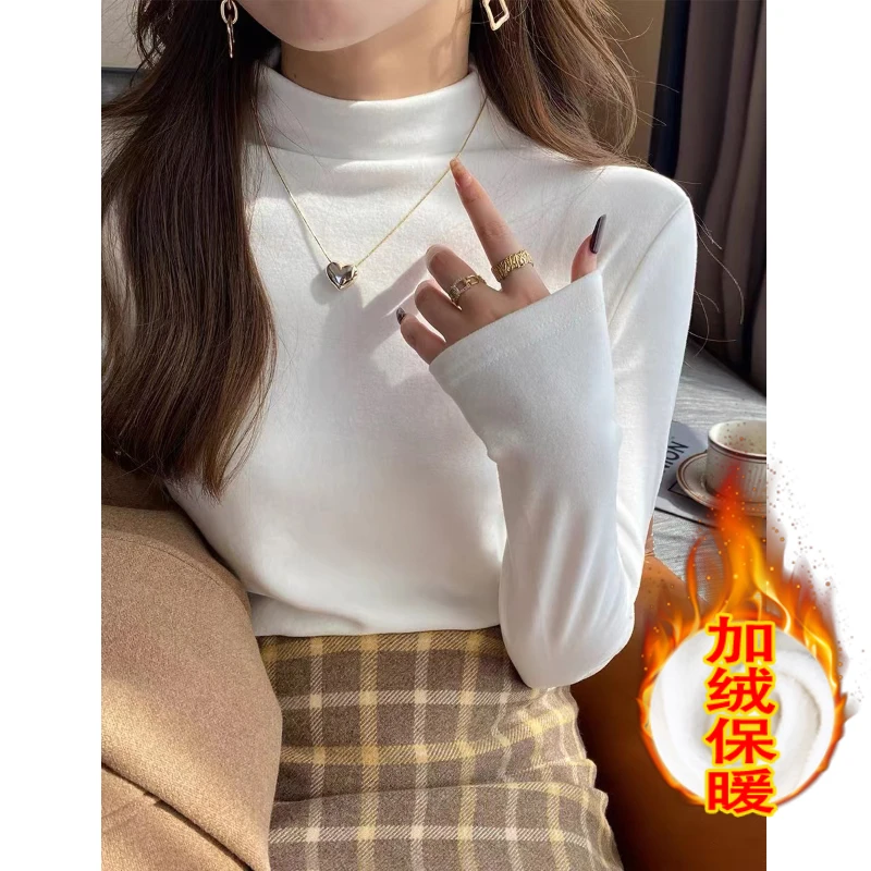 半高领保暖长袖打底衫2025新款磨毛女装内搭纯色显瘦百搭上衣服冬