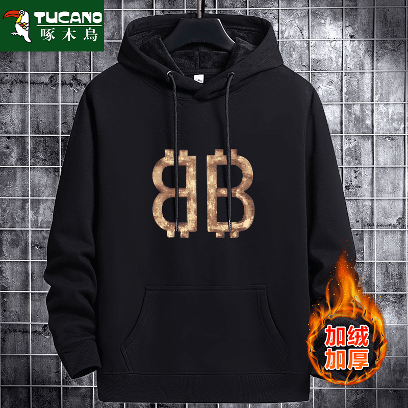 啄木鸟潮男卫衣重磅加绒加厚印花帽衫宽松时尚秋冬韩版套头长袖