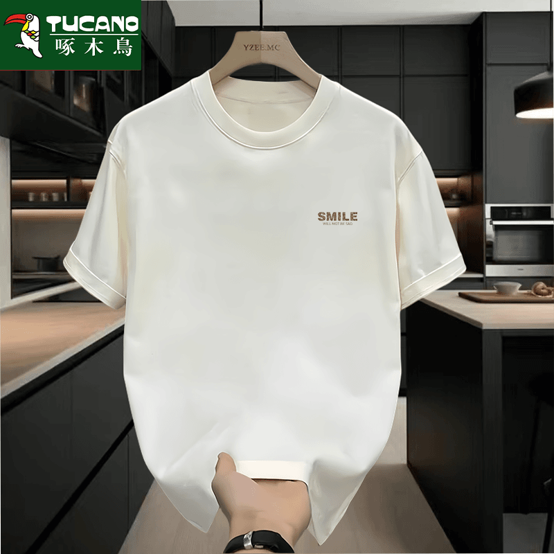 啄木鸟2024夏季重磅圆领纯棉短袖t恤男潮流百搭宽松印花青年半袖