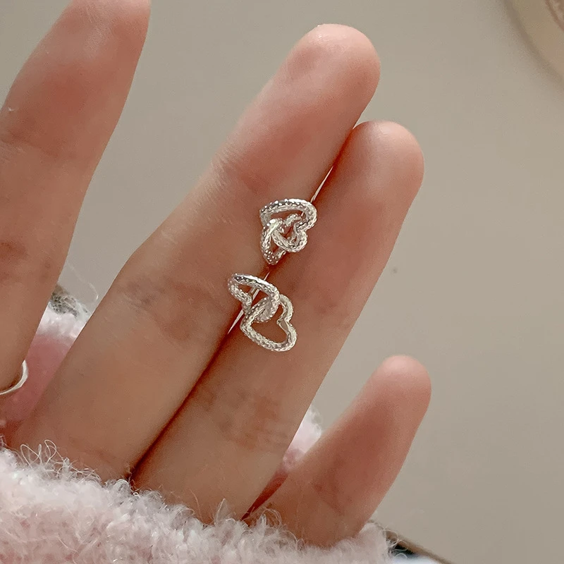 925银耳饰 925纯银纹理镂空双爱心耳钉女小众设计感气质甜美风