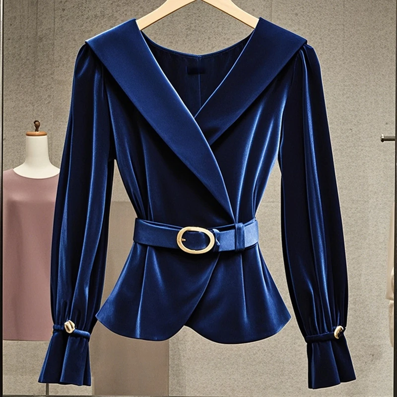 高级感气质绝美轻奢蓝色衬衫上衣女时尚别致收腰显瘦爆款小衫上衣