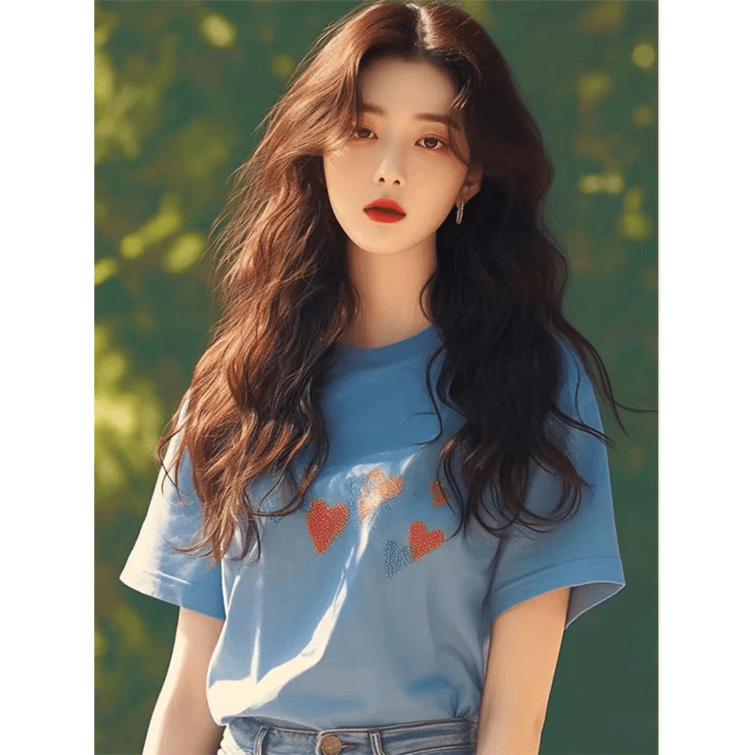 2024新款独特设计感上衣小众别致蓝色爱心印花正肩短袖T恤女夏季