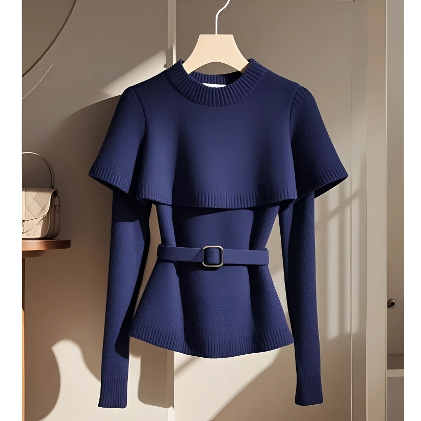 春秋款ins外穿藏青色斗篷款毛衣法式赫本风气质爆款修身针织衫