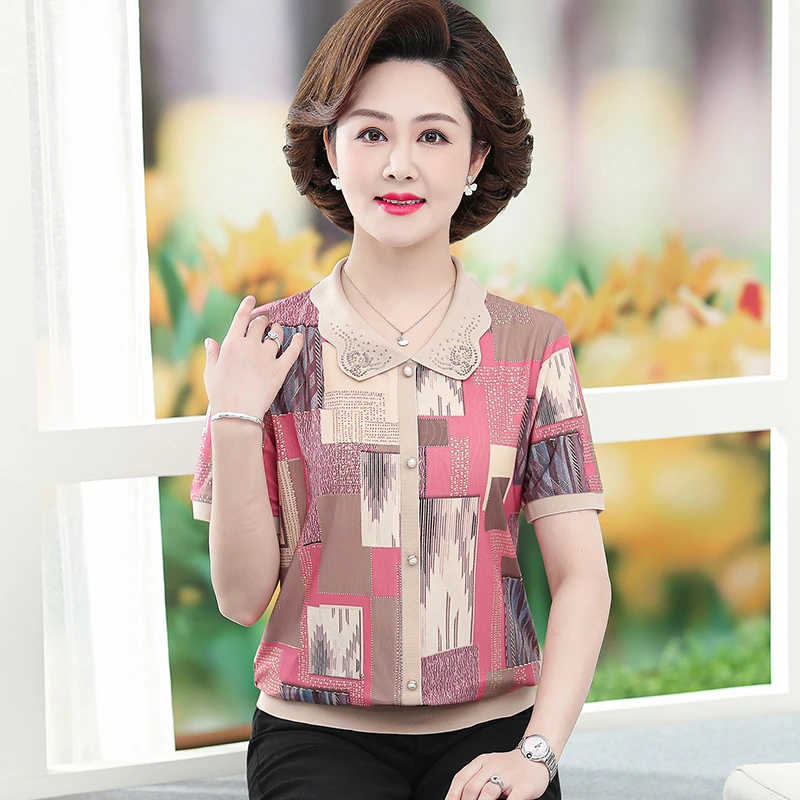 【丽姐家】夏季 新款妈妈装时尚洋气中老年薄款大码翻领短袖上衣