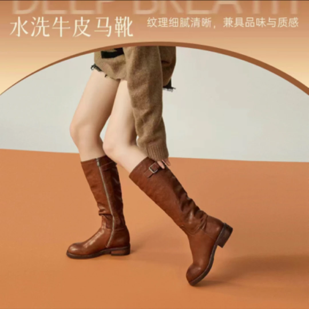 2024年新款魔术显瘦显腿直里外全皮加厚水洗牛皮骑士靴15232