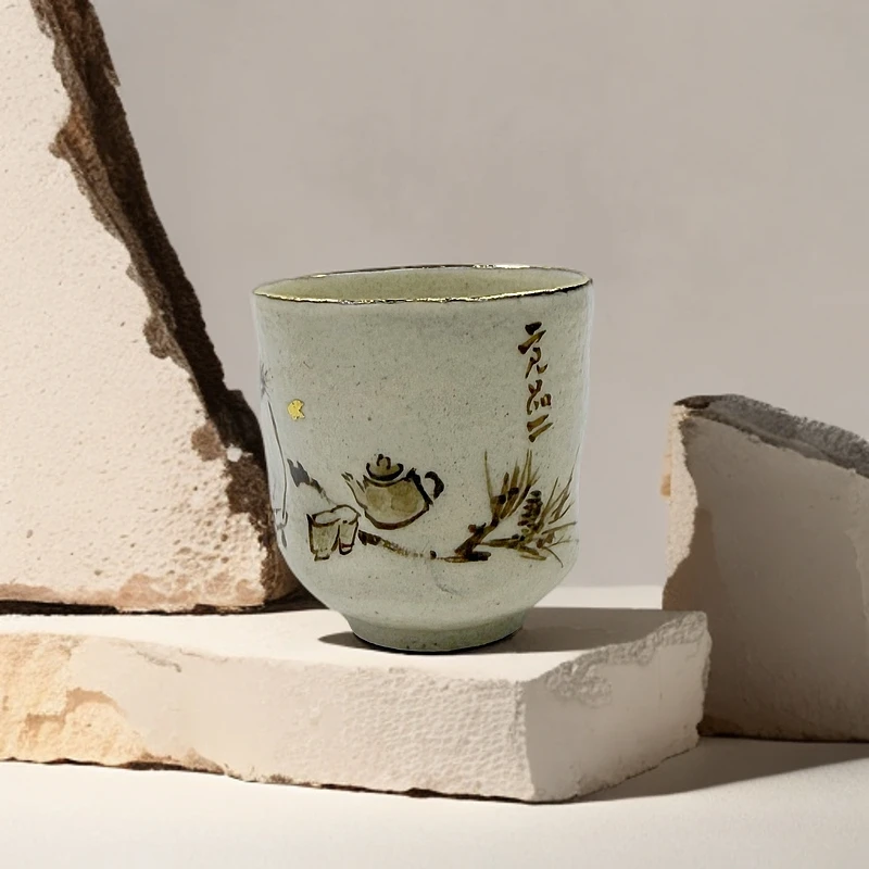 霁月山房朱茂刚粉 粉引赭石描金单杯主人杯陶瓷手工手绘茶具11774