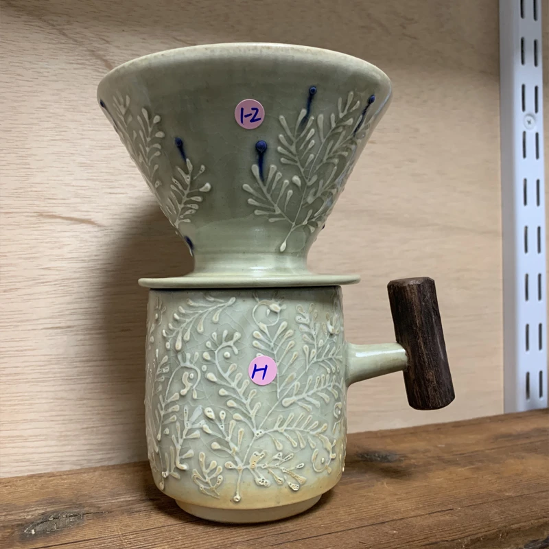 【孤品】艺术家 栾波 柴烧青瓷手绘咖啡组 手作茶器 10123