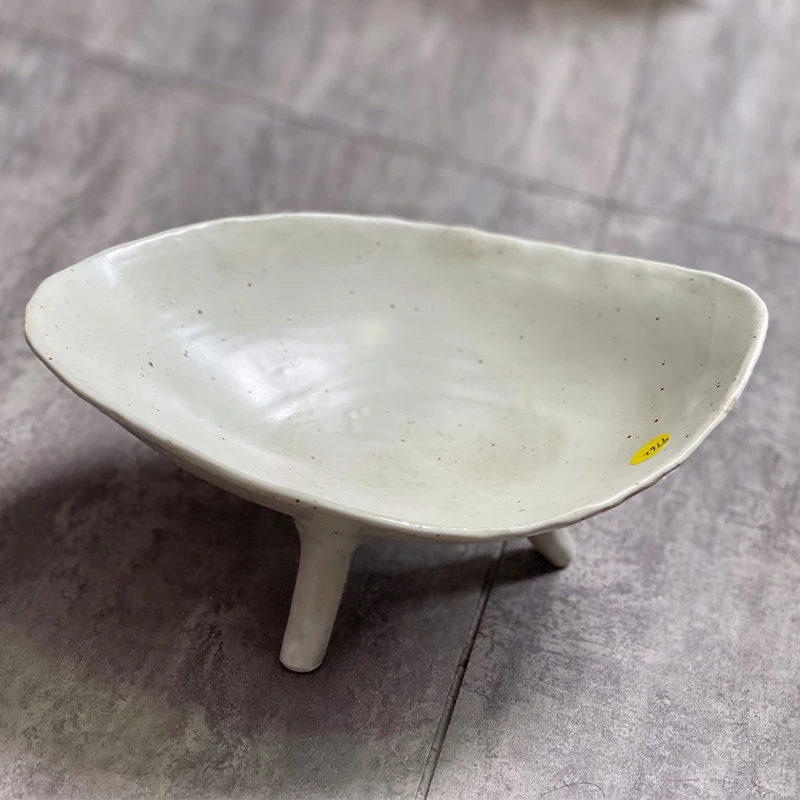 【孤品】艺术家徐灵燕纯手工家用陶瓷三足果盘手作摆件艺术品9762