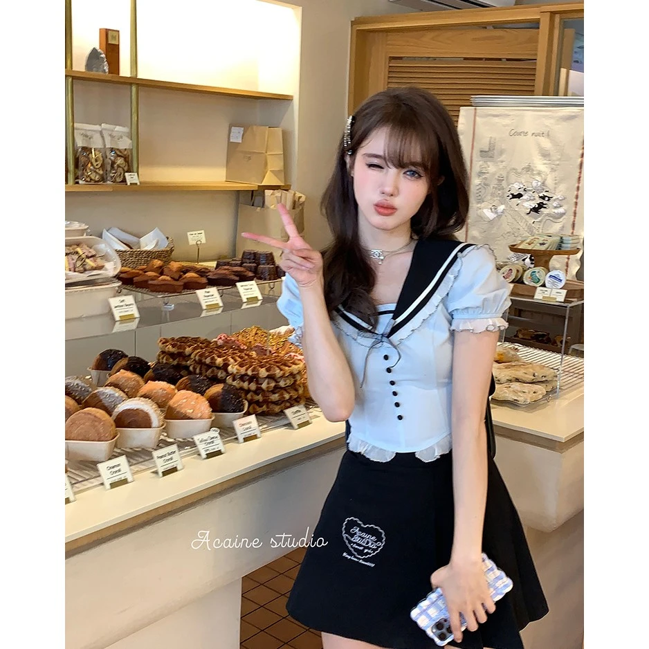 Acaine阿彩呢【少女画册】短袖女t恤夏清新海军领学院风短款衬衫