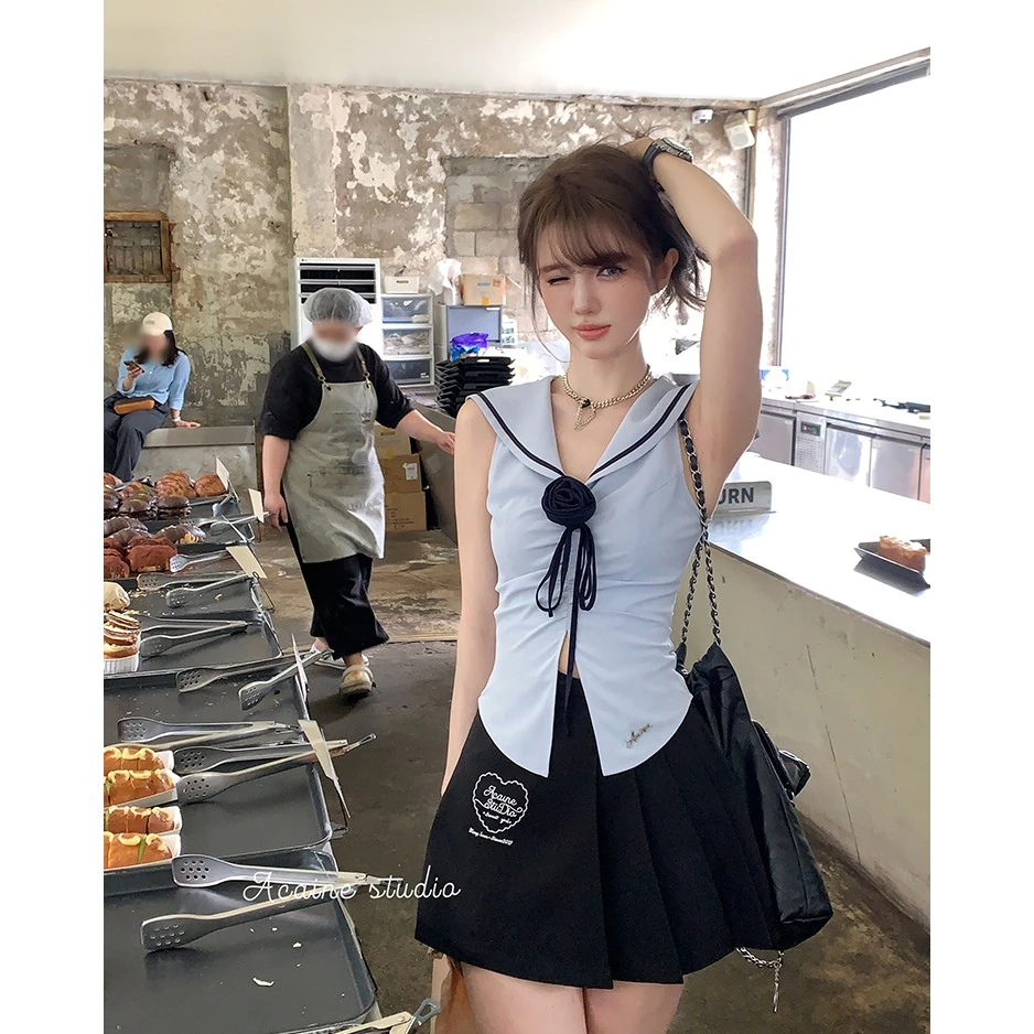 Acaine阿彩呢【海岸玫瑰】无袖衬衫海军领玫瑰收腰短袖t恤女夏季