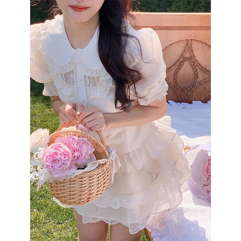 Acaine阿彩呢 戚风少女/可爱娃娃领收腰荷叶边衬衫女小众设计感