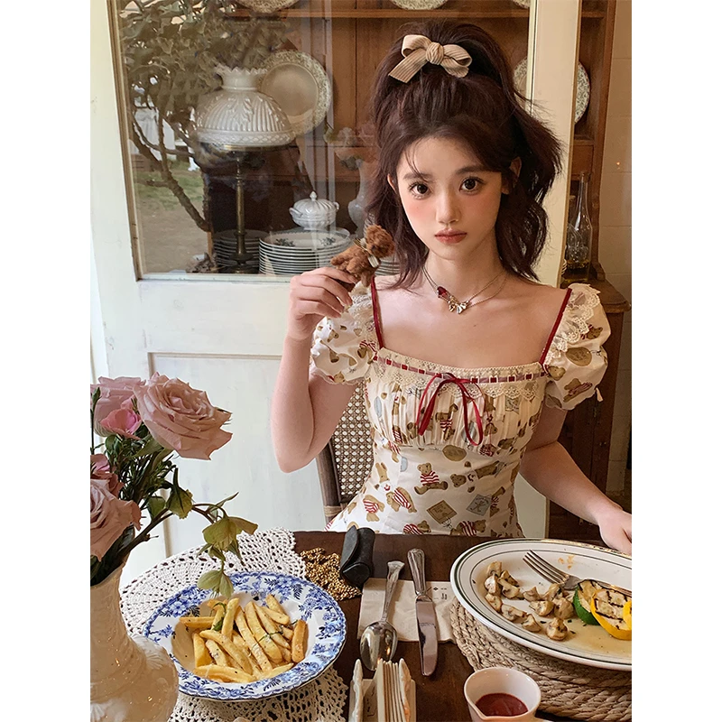 Acaine阿彩呢 温蒂少女/碎花裙浪漫印花方领法式连衣裙2023新款女