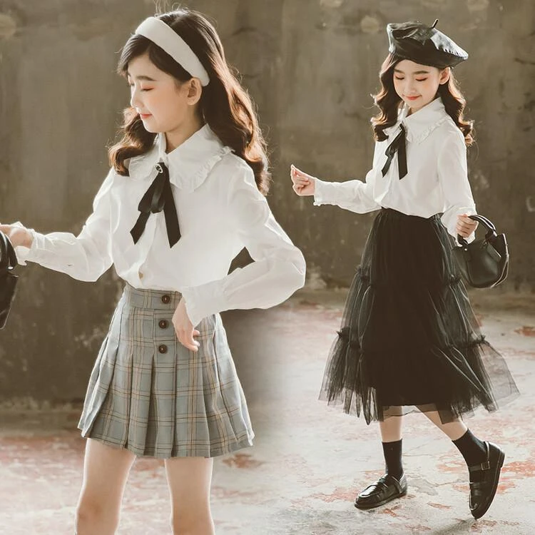 小女孩校服里面穿衬衫女童白衬衫春装新款儿童中大童洋气长袖衬衣