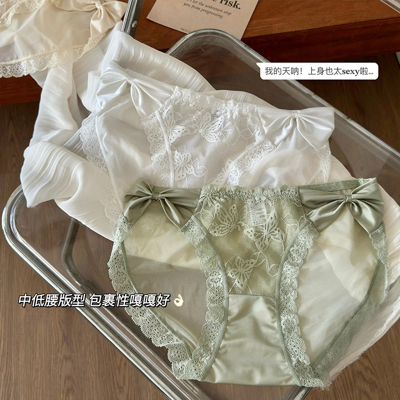 【法式纯欲蕾丝蝴蝶结内裤】无痕透气舒适女士中腰三角裤-3096