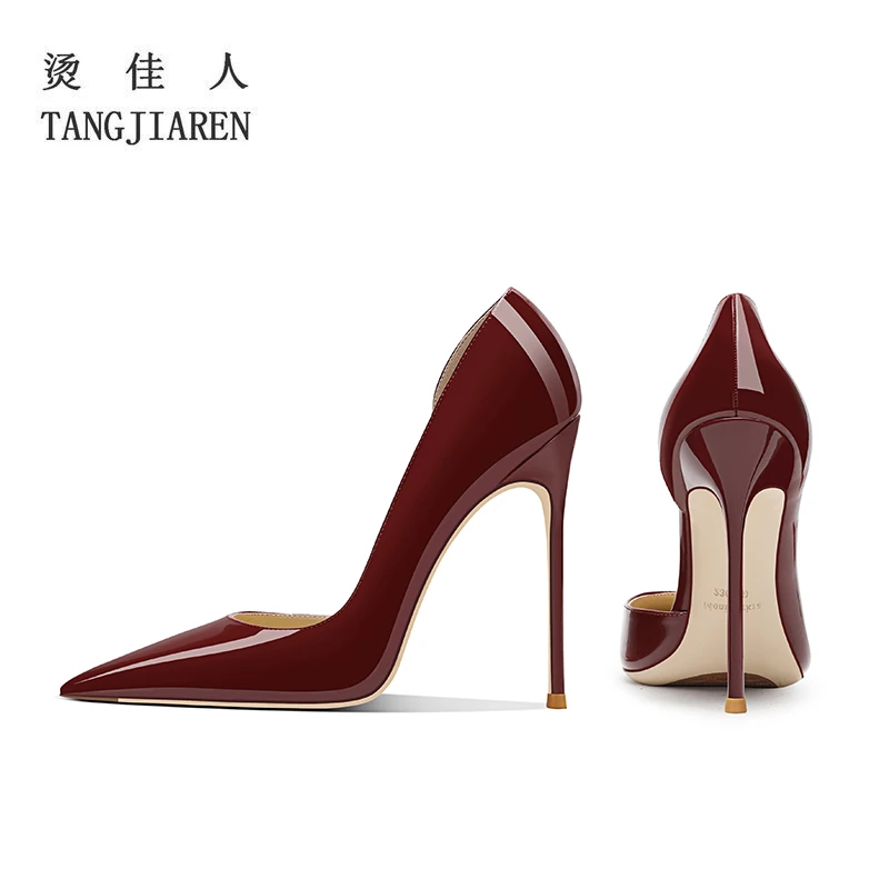 酒红侧空高跟鞋女细跟性感尖头浅口12cm漆皮红底时尚白搭气质单鞋
