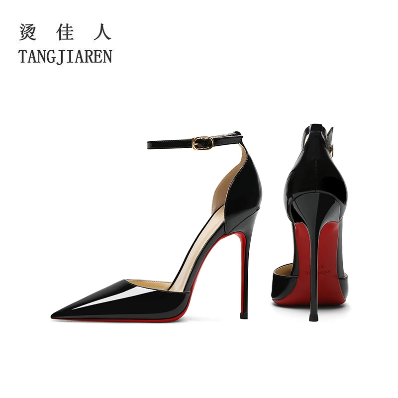 黑色职业高跟鞋女细跟尖头性感2025年夏季新款红底一字带包头凉鞋