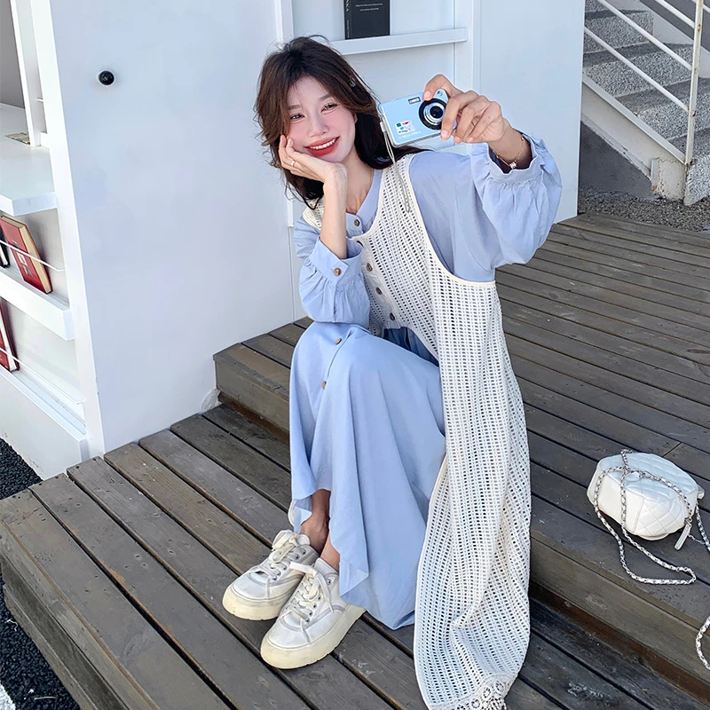 森系小清新蓝色衬衫连衣裙叠穿流苏镂空罩衫裙2024初秋氛围感穿搭