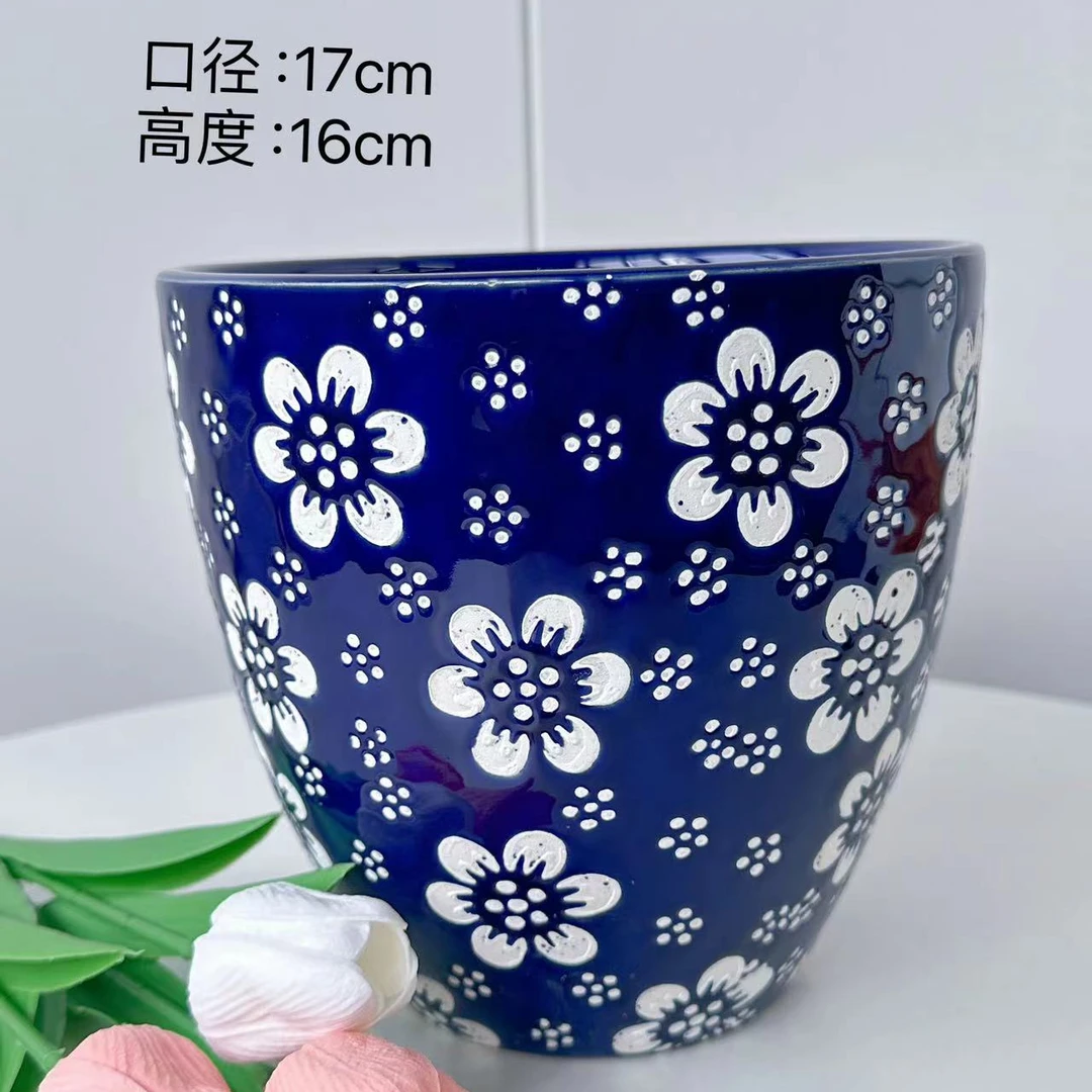 陶瓷花盆青花瓷蓝花梨形小号口17高16分家用客厅阳台绿植