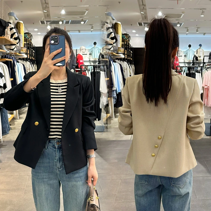 2024秋季新款短款时尚经典纯色编织肌理感小香西装显高小外套女