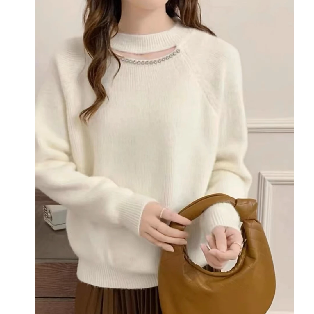 韩版重工钉珠镂空水貂绒针织衫秋冬气质减龄打底衫长袖套头毛衣