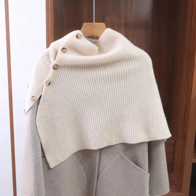 开叉高领斗篷100%羊毛披肩外搭女钮扣针织套头脖套保暖百搭围脖