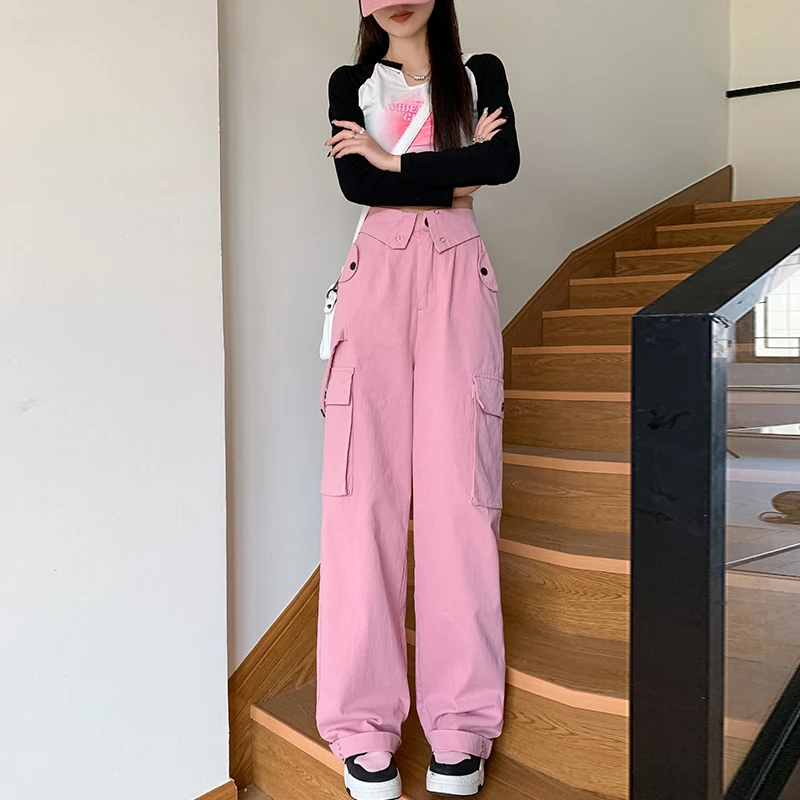 网红同款多巴胺辣妹休闲裤甜酷风可以调节长度的工装裤女装阔腿裤