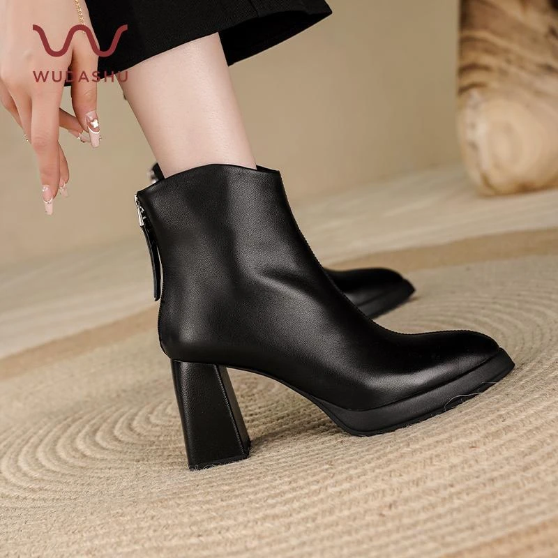 吴大叔欧美风真皮粗高跟防水台短靴女2024新款软皮靴子