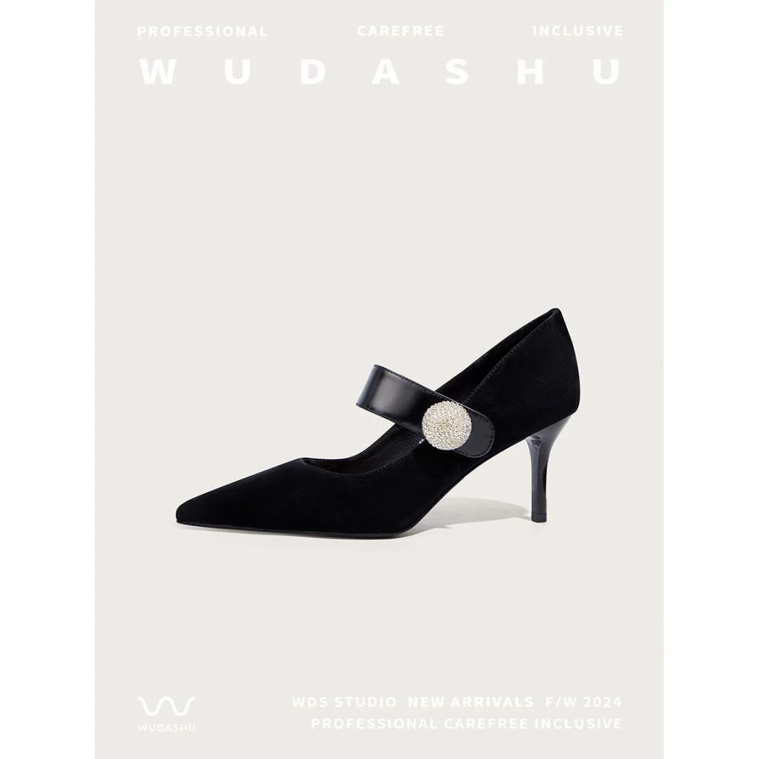 【清仓】法式复古尖头细跟单鞋女新款小羊皮一字扣鞋子女10-356