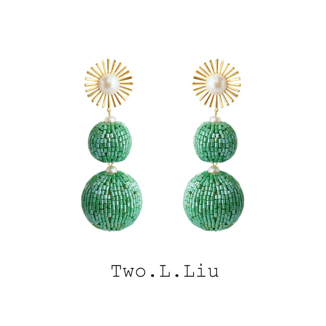 铜合金玻璃耳饰 原创设计夸张绿色耳环女手工小众度假风气质耳饰